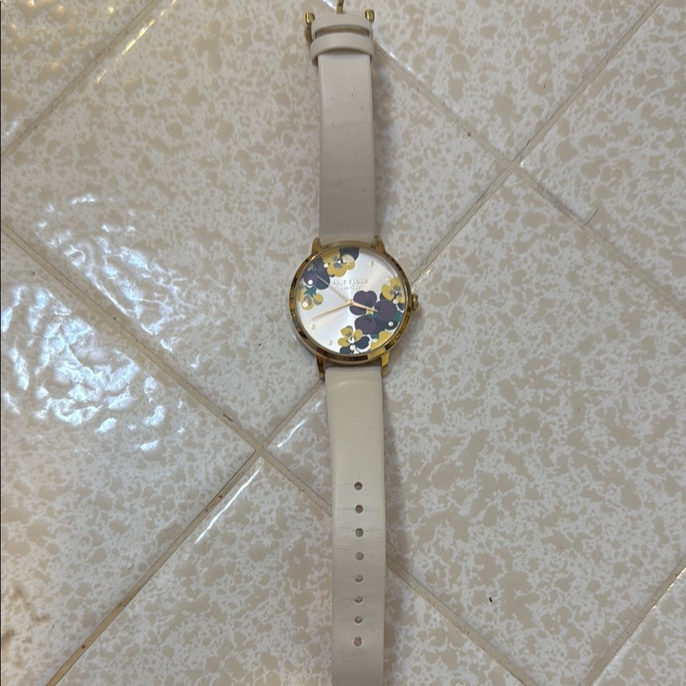 kate spade Gold-Tone Watch with White Strap and Yellow & Purple Floral Dial - Picture 3 of 5